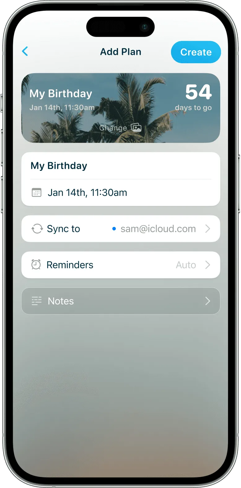 iPhone showing a create screen for a vacation countdown