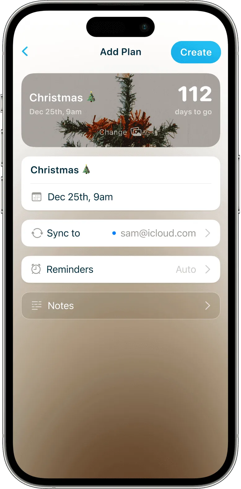 iPhone showing a create screen for a Christmas countdown