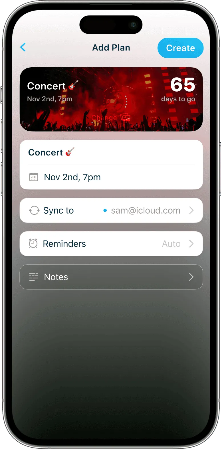 iPhone showing a create screen for a concert countdown