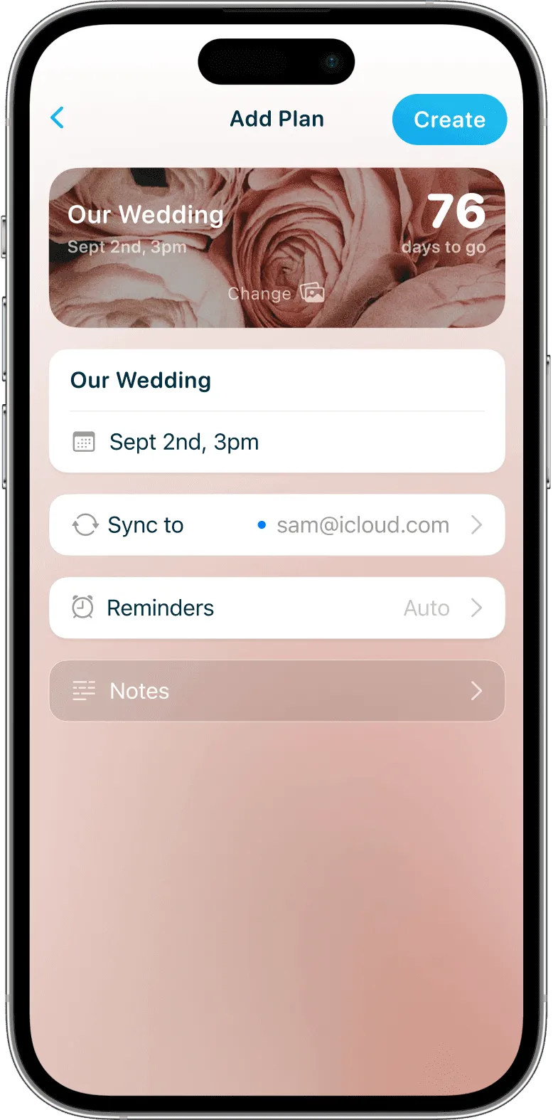 iPhone showing a create screen for a Wedding countdown