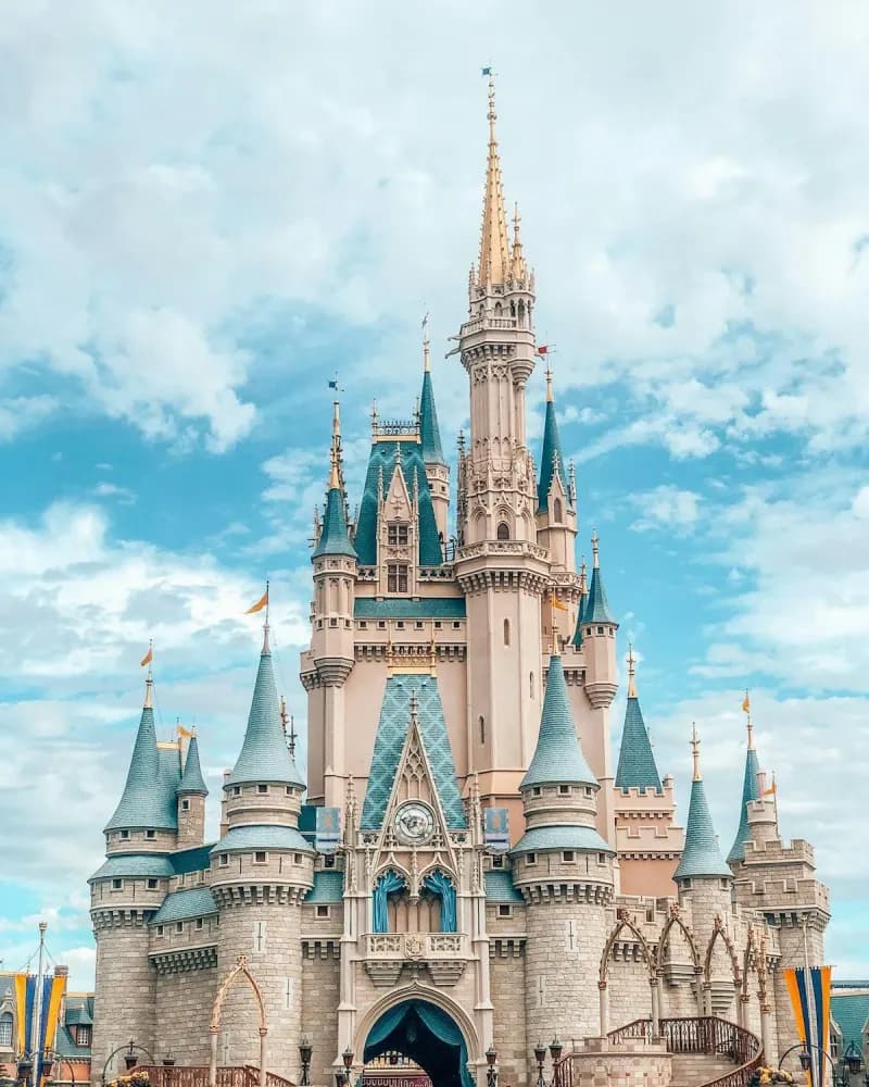 Magical castle at sunset with fireworks
