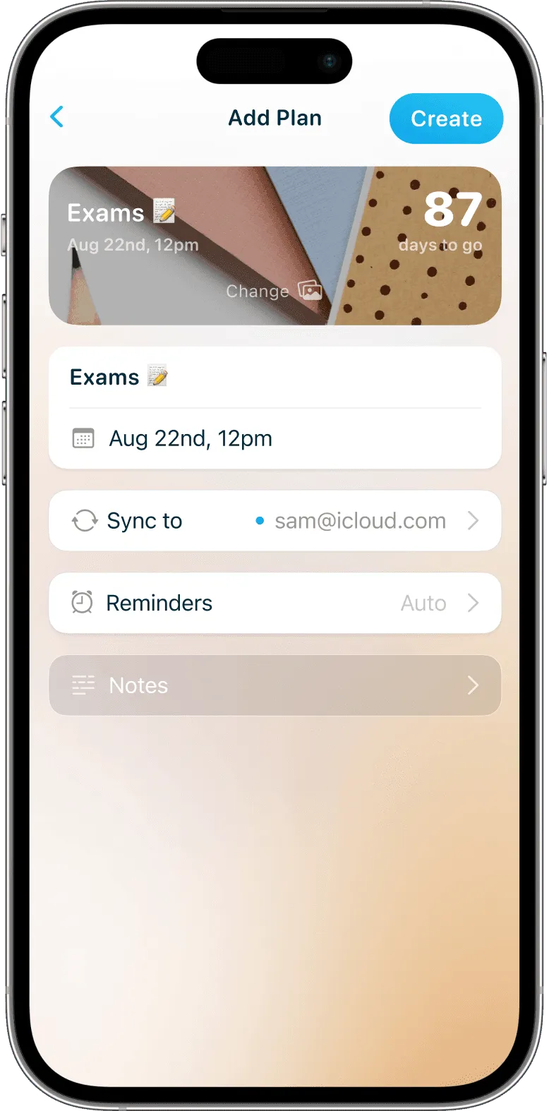 iPhone showing a create screen for a Exam countdown